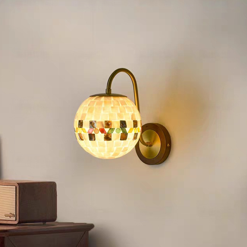 Traditional Vintage Walnut Wood Glass Round Globe 1-Light Wall Sconce Lamp For Living Room
