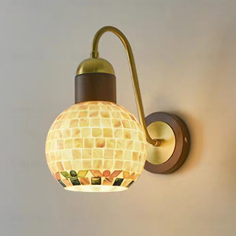 Traditional Vintage Walnut Wood Glass Round Globe 1-Light Wall Sconce Lamp For Living Room