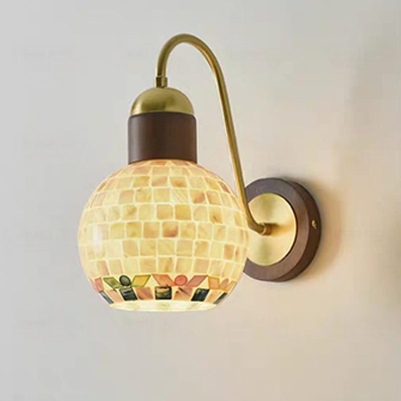 Traditional Vintage Walnut Wood Glass Round Globe 1-Light Wall Sconce Lamp For Living Room