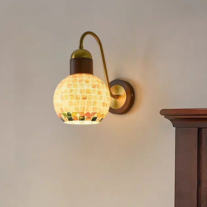 Traditional Vintage Walnut Wood Glass Round Globe 1-Light Wall Sconce Lamp For Living Room