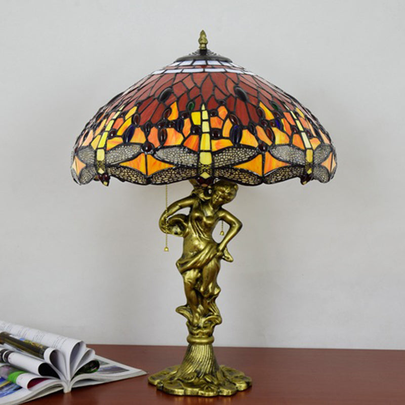 Tiffany Decorative Goddess Dragonfly Resin Stained Glass 3-Light Table Lamp