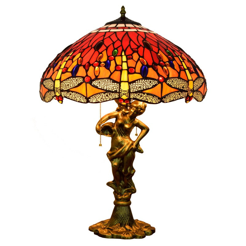 Tiffany Decorative Goddess Dragonfly Resin Stained Glass 3-Light Table Lamp