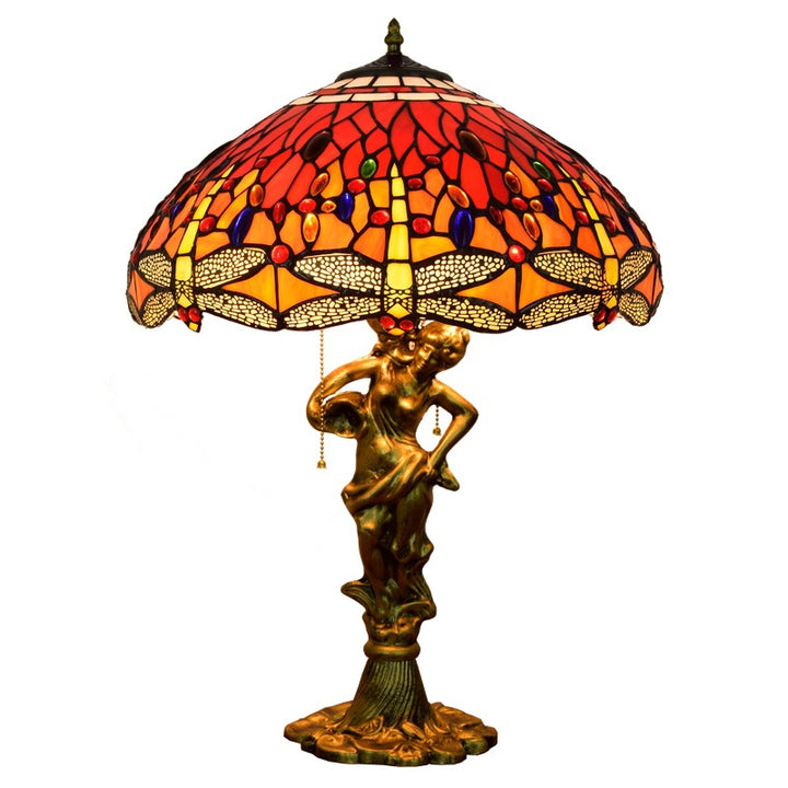 Tiffany Decorative Goddess Dragonfly Resin Stained Glass 3-Light Table Lamp