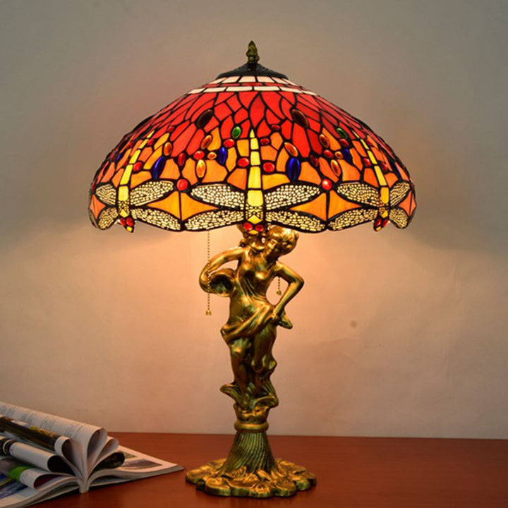 Tiffany Decorative Goddess Dragonfly Resin Stained Glass 3-Light Table Lamp