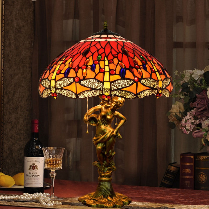 Tiffany Decorative Goddess Dragonfly Resin Stained Glass 3-Light Table Lamp