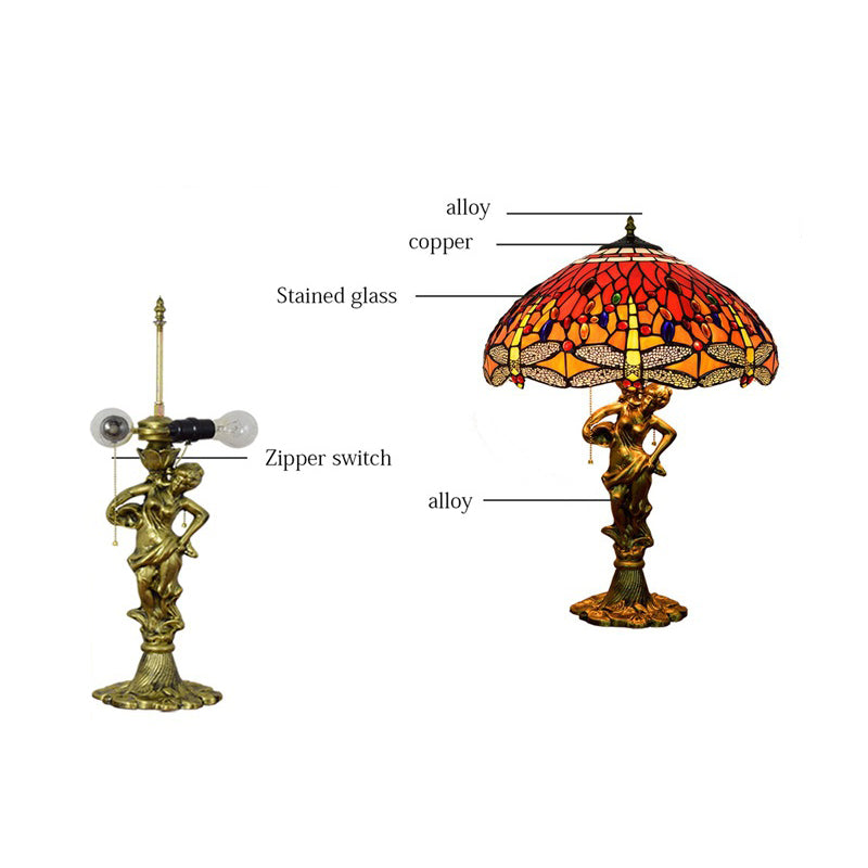 Tiffany Decorative Goddess Dragonfly Resin Stained Glass 3-Light Table Lamp