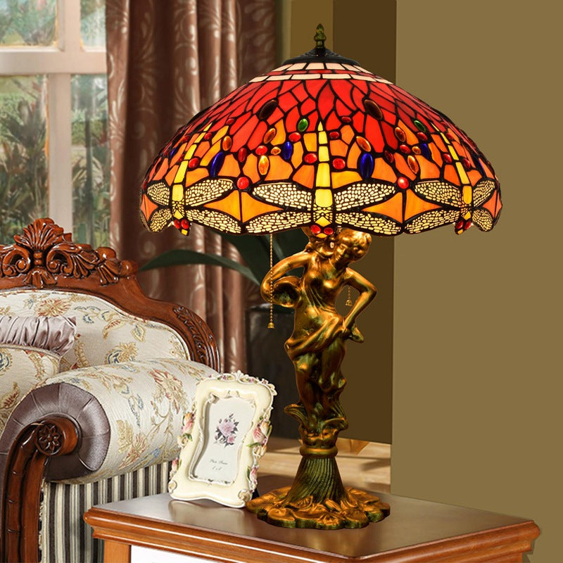 Tiffany Decorative Goddess Dragonfly Resin Stained Glass 3-Light Table Lamp