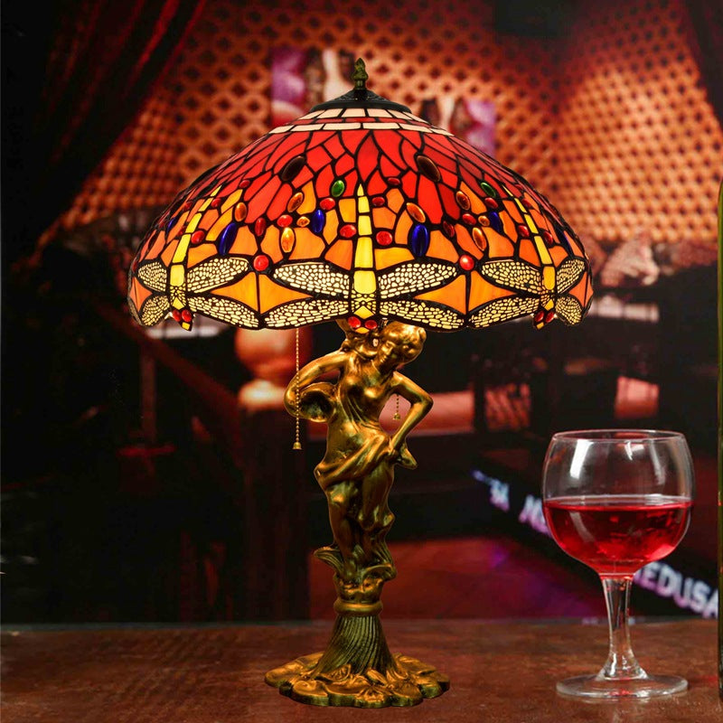 Tiffany Decorative Goddess Dragonfly Resin Stained Glass 3-Light Table Lamp