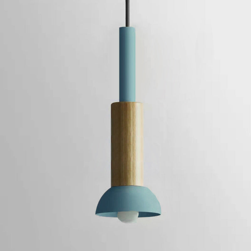 Contemporary Scandinavian Irregular Round Cylinder Iron Wood 1-Light Pendant Light For Living Room
