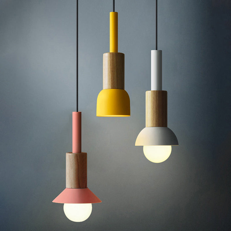 Contemporary Scandinavian Irregular Round Cylinder Iron Wood 1-Light Pendant Light For Living Room