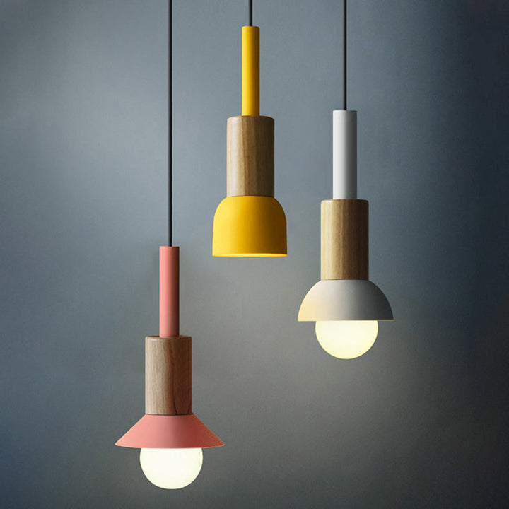Contemporary Scandinavian Irregular Round Cylinder Iron Wood 1-Light Pendant Light For Living Room