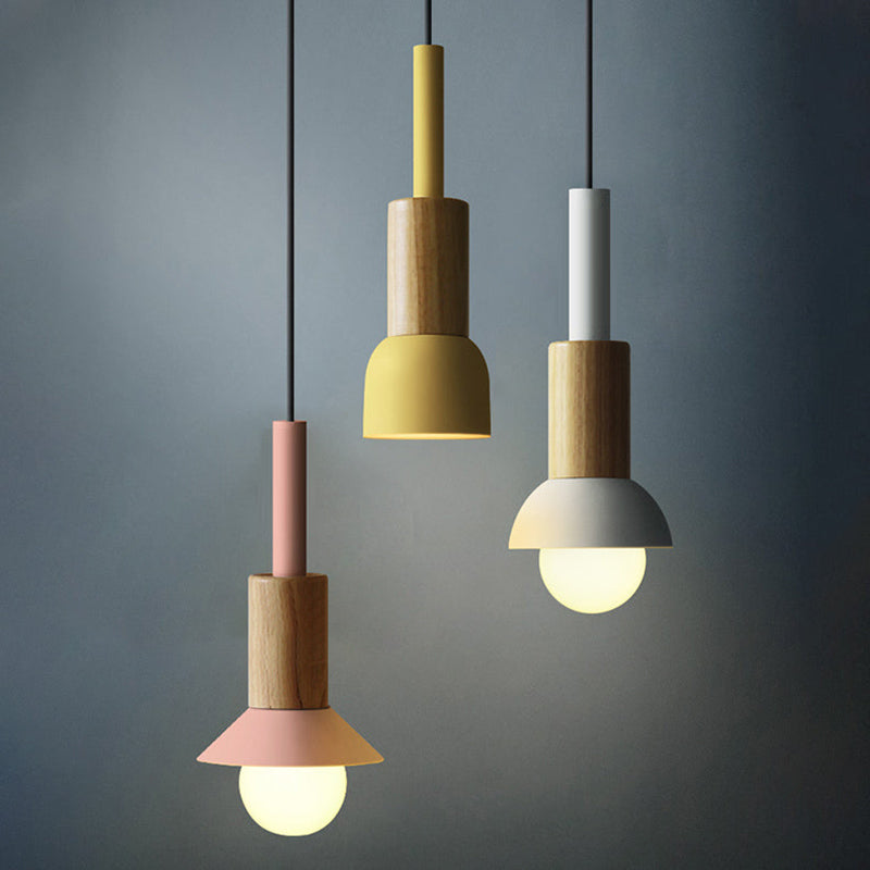 Contemporary Scandinavian Irregular Round Cylinder Iron Wood 1-Light Pendant Light For Living Room