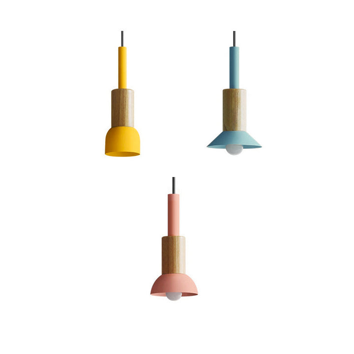 Contemporary Scandinavian Irregular Round Cylinder Iron Wood 1-Light Pendant Light For Living Room