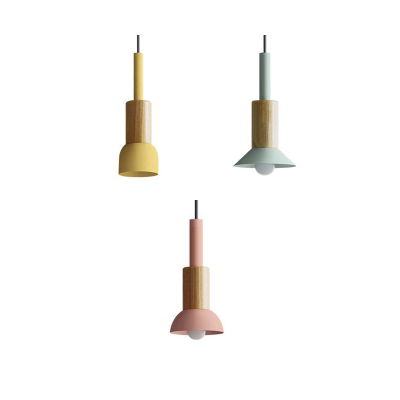 Contemporary Scandinavian Irregular Round Cylinder Iron Wood 1-Light Pendant Light For Living Room