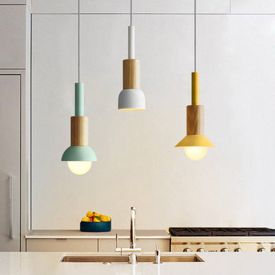 Contemporary Scandinavian Irregular Round Cylinder Iron Wood 1-Light Pendant Light For Living Room