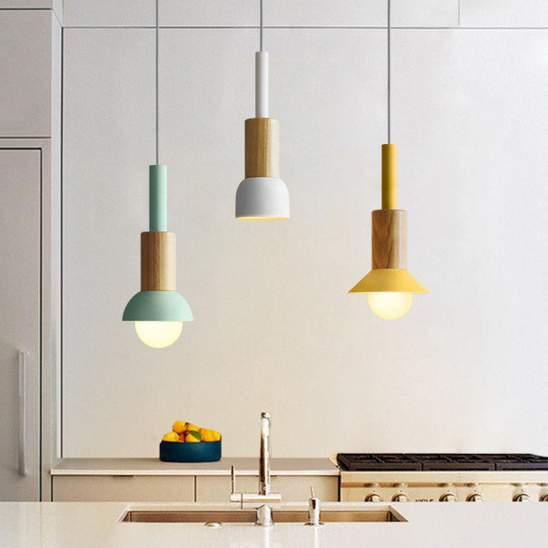 Contemporary Scandinavian Irregular Round Cylinder Iron Wood 1-Light Pendant Light For Living Room
