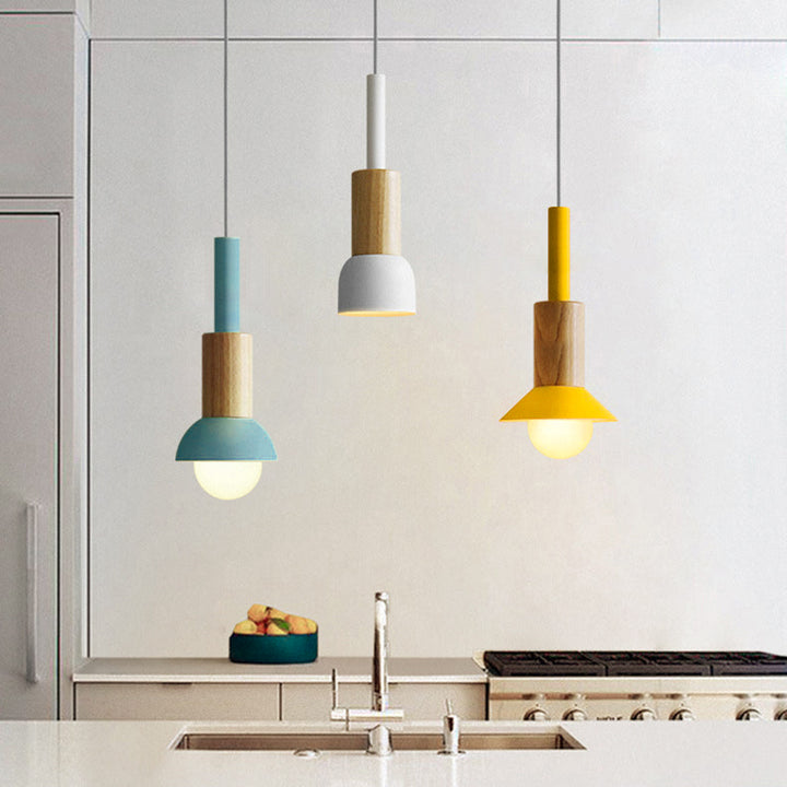 Contemporary Scandinavian Irregular Round Cylinder Iron Wood 1-Light Pendant Light For Living Room