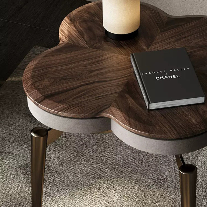 Contemporary Nordic Round Square Clover Shape Brass Frame Walnut Wood Tabletop Coffee Table For Living Room