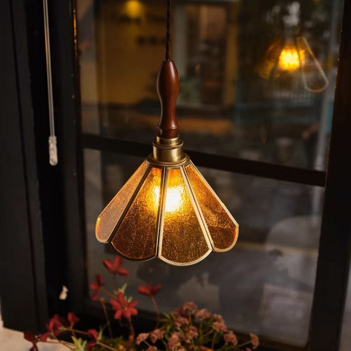 Lustre suspendu 1 lumière en verre conique vintage traditionnel en cuivre et bois pour salon 