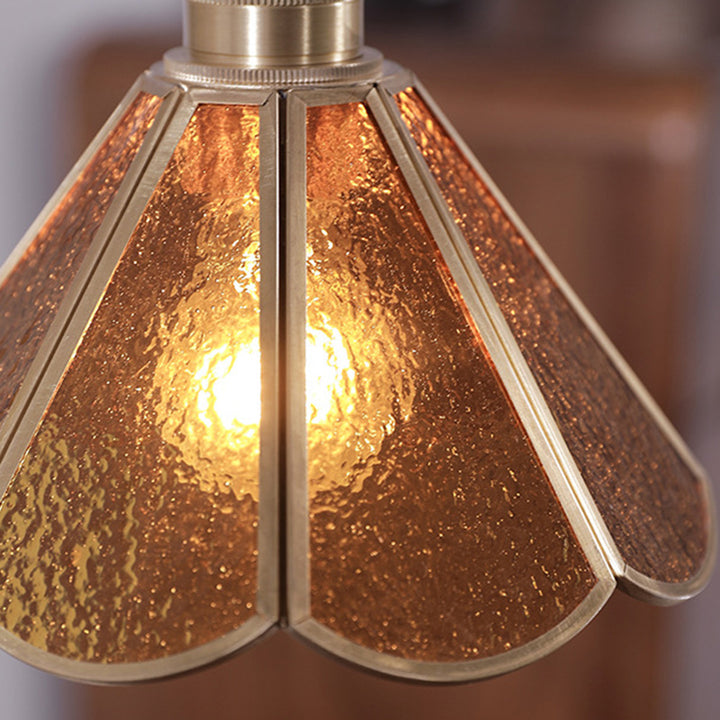 Lustre suspendu 1 lumière en verre conique vintage traditionnel en cuivre et bois pour salon 