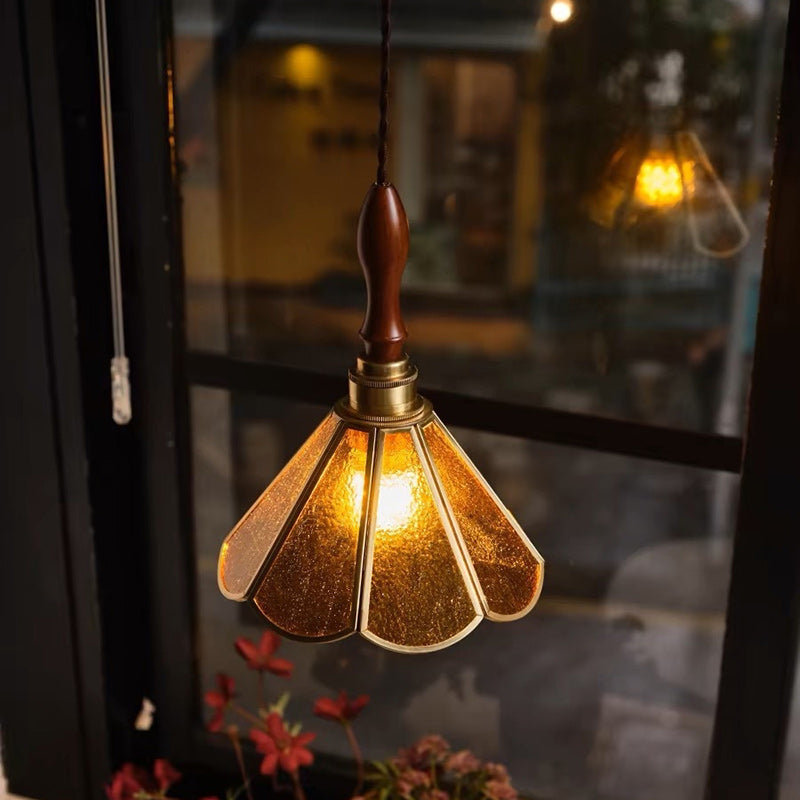Lustre suspendu 1 lumière en verre conique vintage traditionnel en cuivre et bois pour salon 