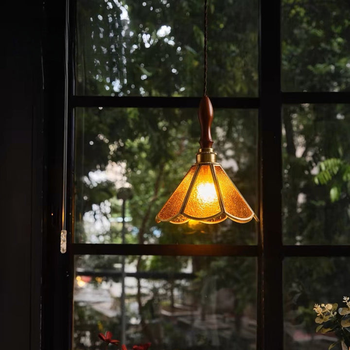 Lustre suspendu 1 lumière en verre conique vintage traditionnel en cuivre et bois pour salon 