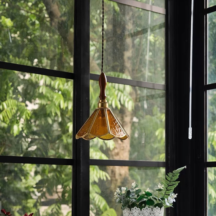Lustre suspendu 1 lumière en verre conique vintage traditionnel en cuivre et bois pour salon 