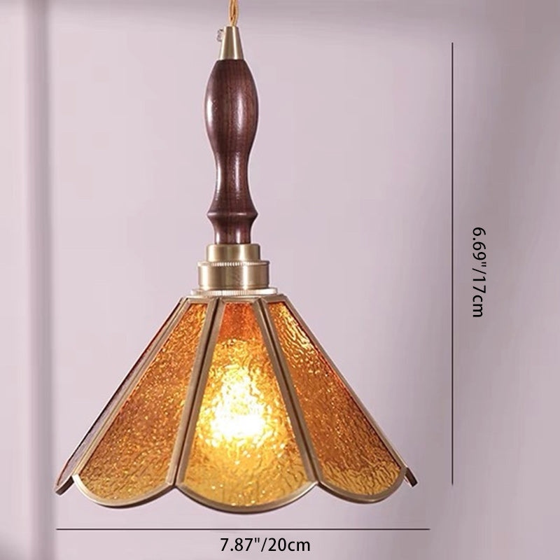 Lustre suspendu 1 lumière en verre conique vintage traditionnel en cuivre et bois pour salon 