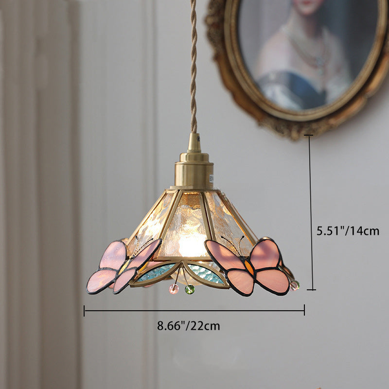 Suspension à 1 lumière en verre Tiffany traditionnel, cône, bois et cuivre pour salon 