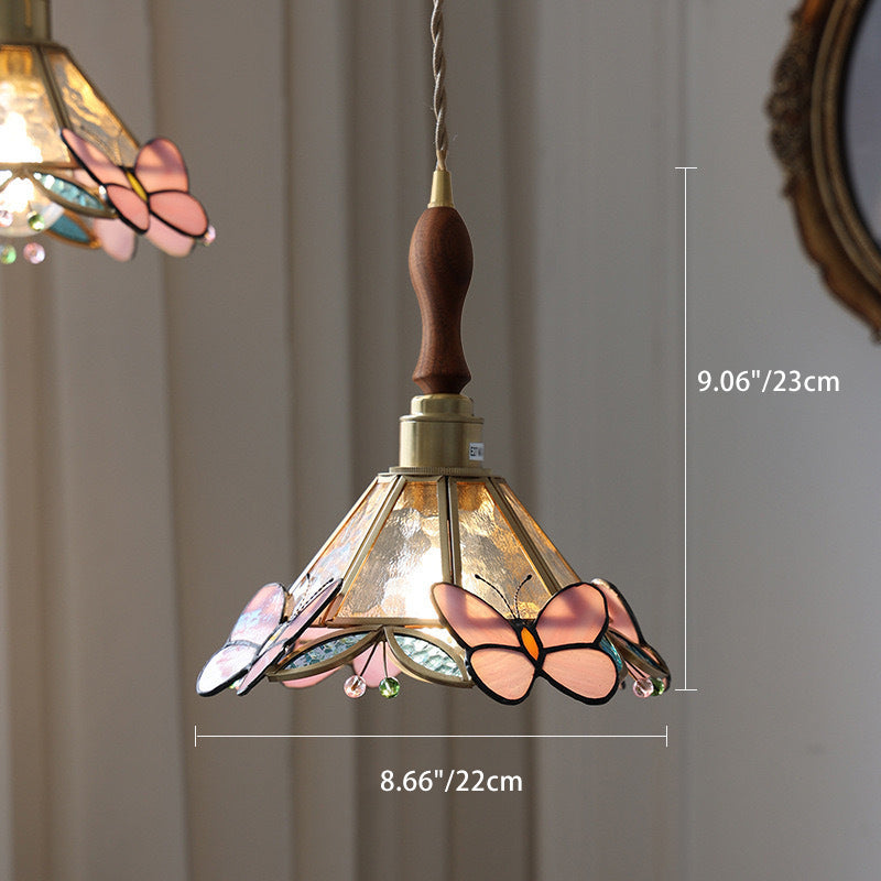 Suspension à 1 lumière en verre Tiffany traditionnel, cône, bois et cuivre pour salon 