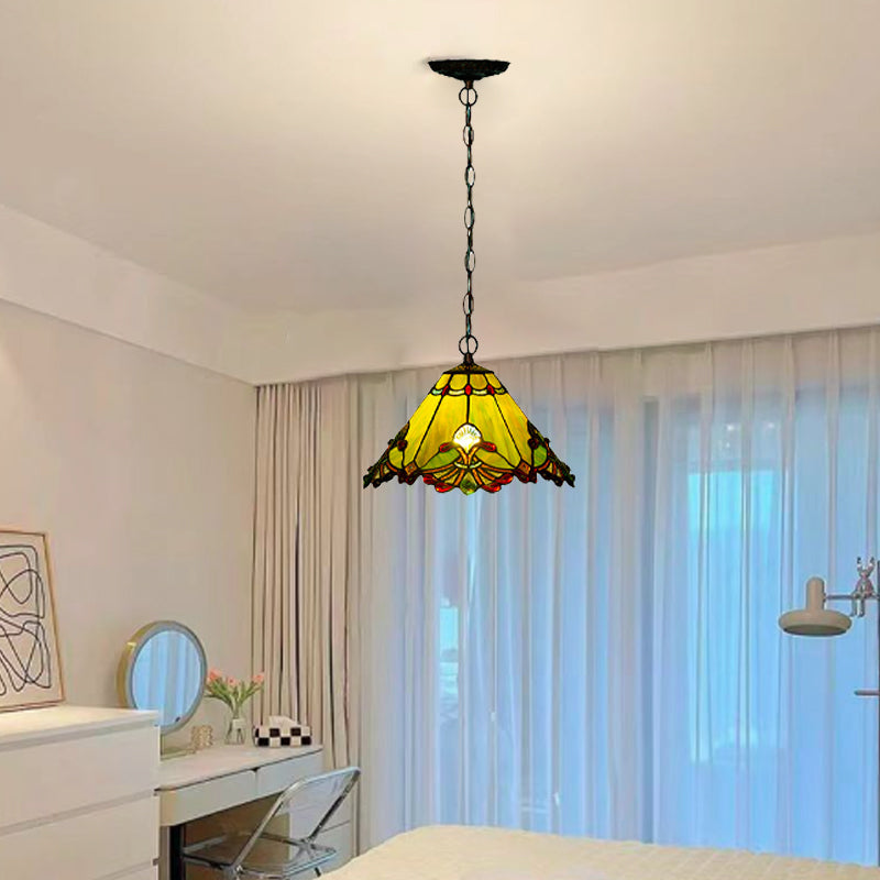 Traditionelle Tiffany Kegel Eisen Glas 1/2-Licht Pendelleuchte für Wohnzimmer 