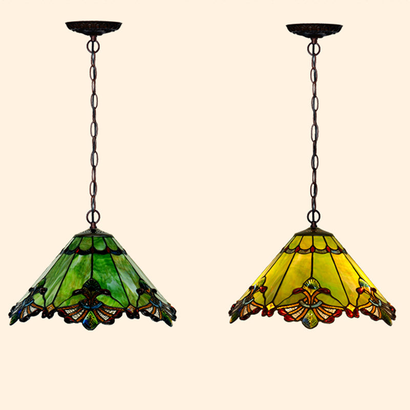 Traditionelle Tiffany Kegel Eisen Glas 1/2-Licht Pendelleuchte für Wohnzimmer 