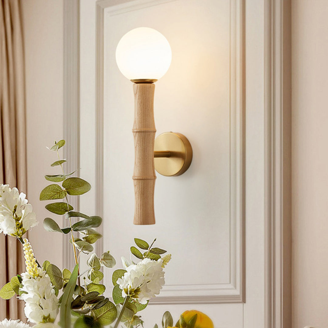 Zeitgenössische Retro-Säule aus Holz und Glas, 1-flammige Wandleuchte für Wohnzimmer 
