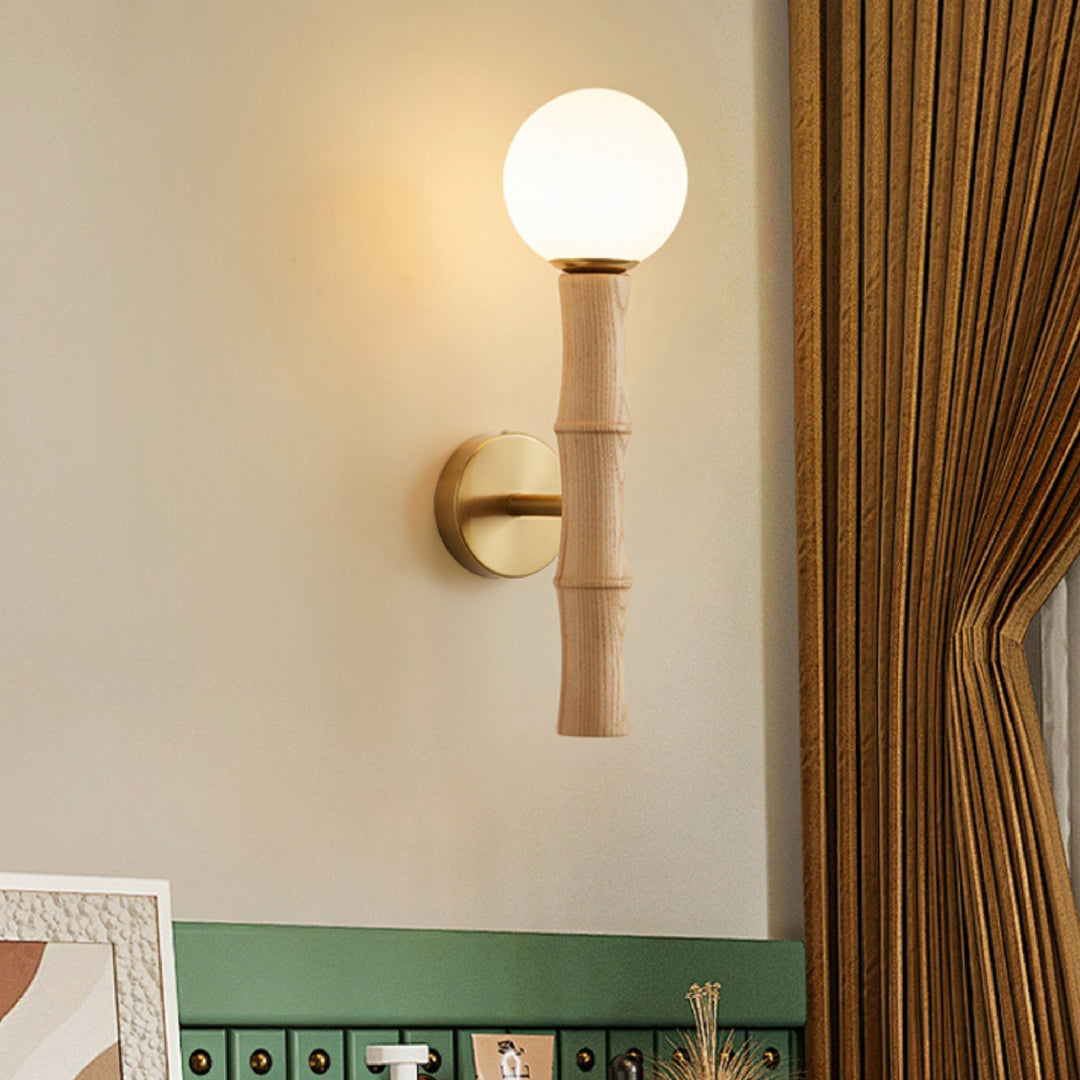 Zeitgenössische Retro-Säule aus Holz und Glas, 1-flammige Wandleuchte für Wohnzimmer 