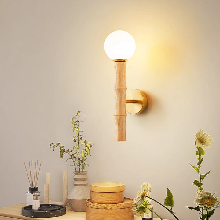 Zeitgenössische Retro-Säule aus Holz und Glas, 1-flammige Wandleuchte für Wohnzimmer 