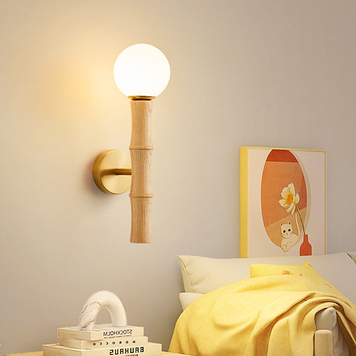 Zeitgenössische Retro-Säule aus Holz und Glas, 1-flammige Wandleuchte für Wohnzimmer 