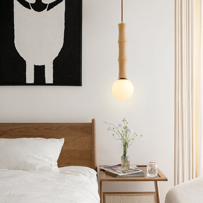 Colonne Rétro Contemporaine en Bois et Verre, Suspension Luminaire 1-Lumière pour Salon 