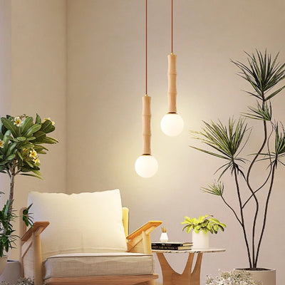 Colonne Rétro Contemporaine en Bois et Verre, Suspension Luminaire 1-Lumière pour Salon 