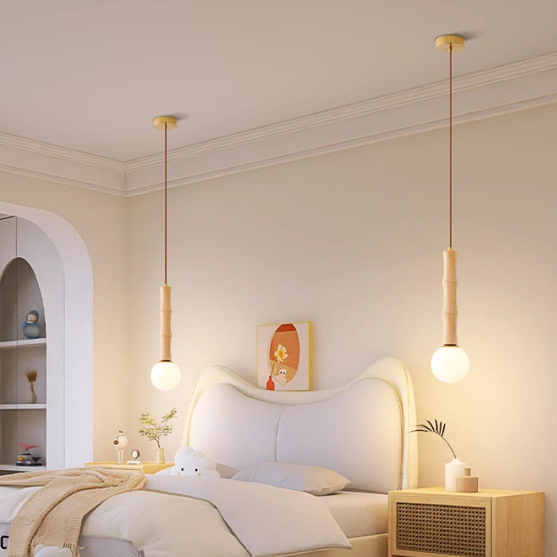 Colonne Rétro Contemporaine en Bois et Verre, Suspension Luminaire 1-Lumière pour Salon 