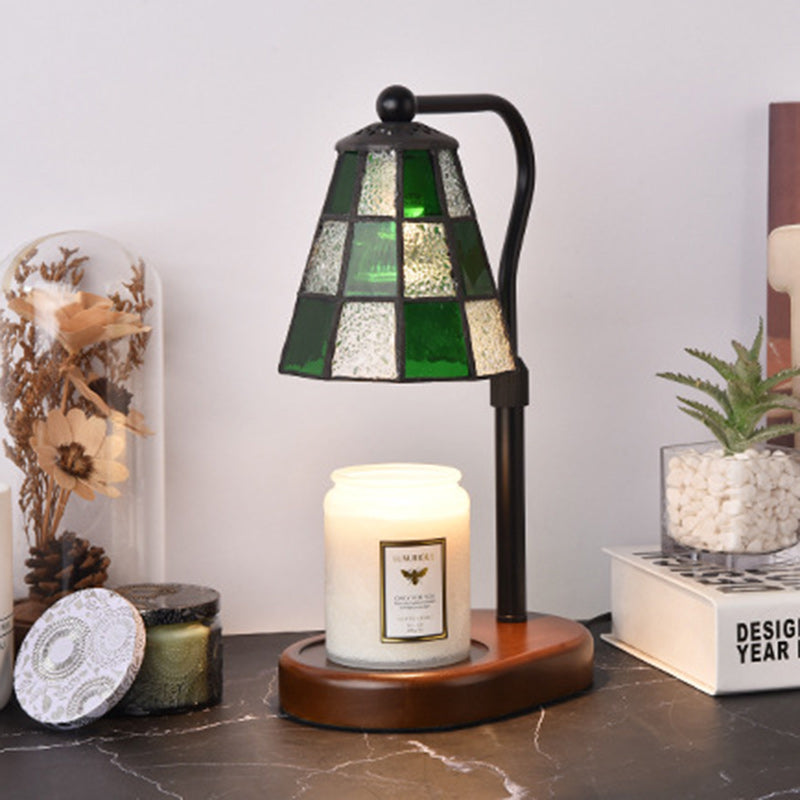 Lampe de table en verre Tiffany traditionnel en fer et bois à 1 lumière avec cire fondue pour salon 