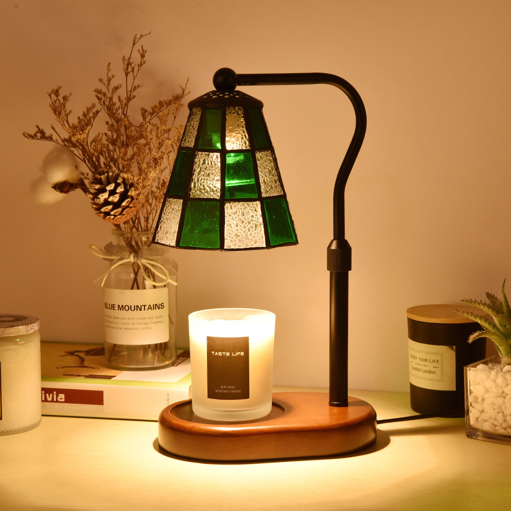 Lampe de table en verre Tiffany traditionnel en fer et bois à 1 lumière avec cire fondue pour salon 