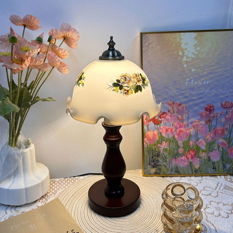 Traditionelle rustikale Kuppel Holz Glas 1-Licht Tischlampe für Wohnzimmer 