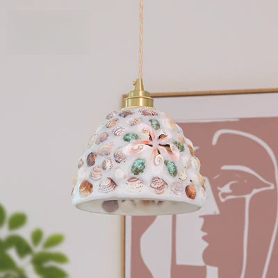 Lámpara colgante contemporánea de cúpula costera de vidrio y cobre de 1 luz para sala de estar 