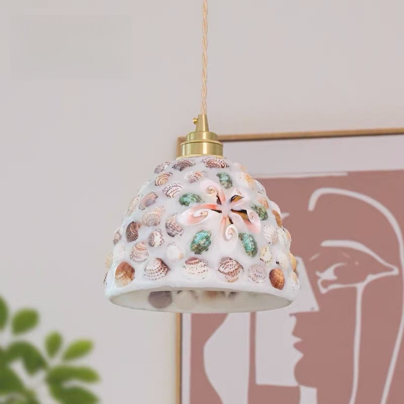 Lámpara colgante contemporánea de cúpula costera de vidrio y cobre de 1 luz para sala de estar 
