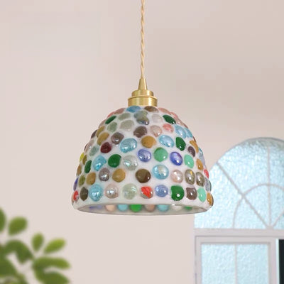 Lámpara colgante contemporánea de cúpula costera de vidrio y cobre de 1 luz para sala de estar 