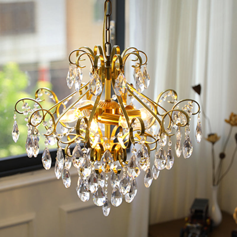Lustre contemporain de luxe en forme de goutte en cuivre avec cristaux à 6 lumières pour salon 