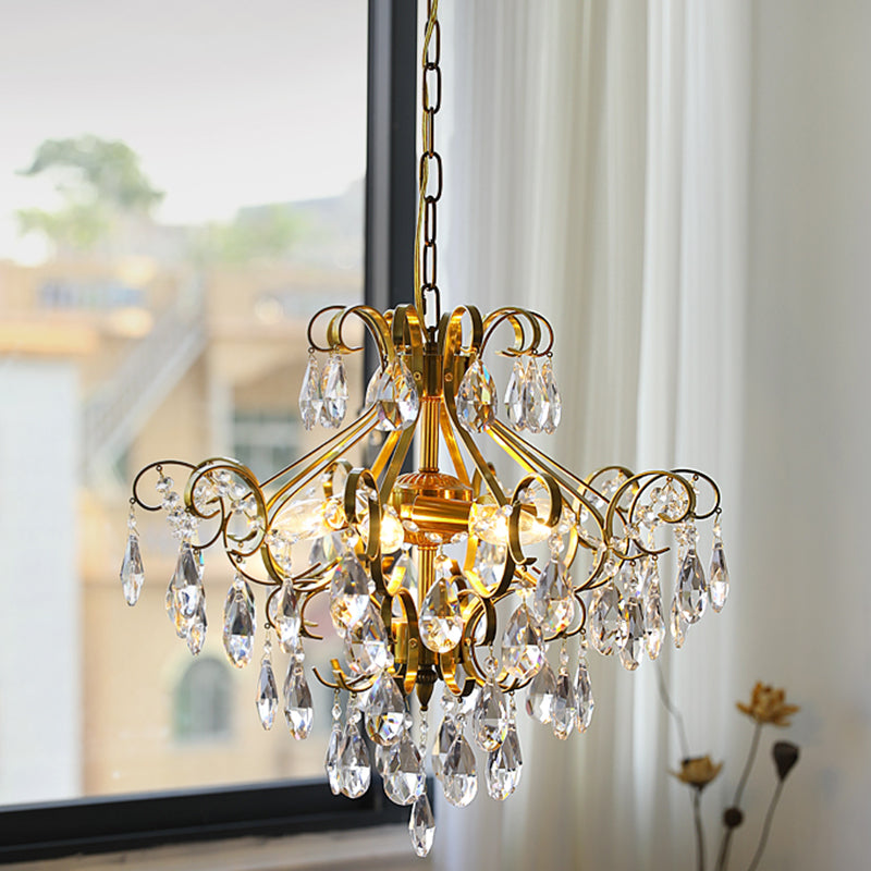 Lustre contemporain de luxe en forme de goutte en cuivre avec cristaux à 6 lumières pour salon 