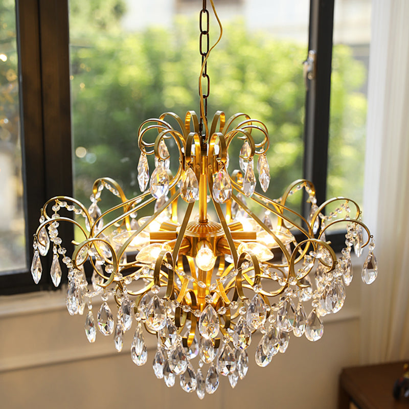 Lustre contemporain de luxe en forme de goutte en cuivre avec cristaux à 6 lumières pour salon 