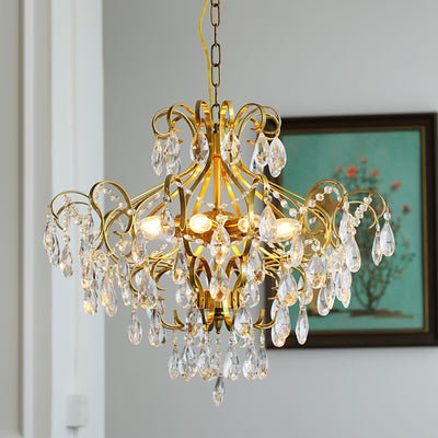 Lustre contemporain de luxe en forme de goutte en cuivre avec cristaux à 6 lumières pour salon 