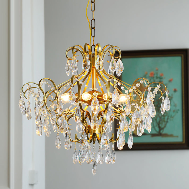 Lustre contemporain de luxe en forme de goutte en cuivre avec cristaux à 6 lumières pour salon 